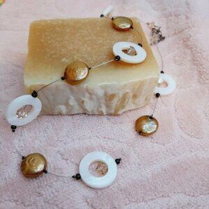 Vtg Necklace Golden Coin Pearls w/ 925 Sterling Silver Clasp Disc shell or stone